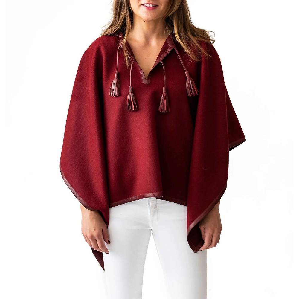 NEW STICK & BALL leather trim baby alpaca poncho in burgundy